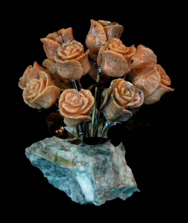 One Dozen Salmon Colored Marble Stone Roses by John Foster - search and link Sculpture with SculptSite.com