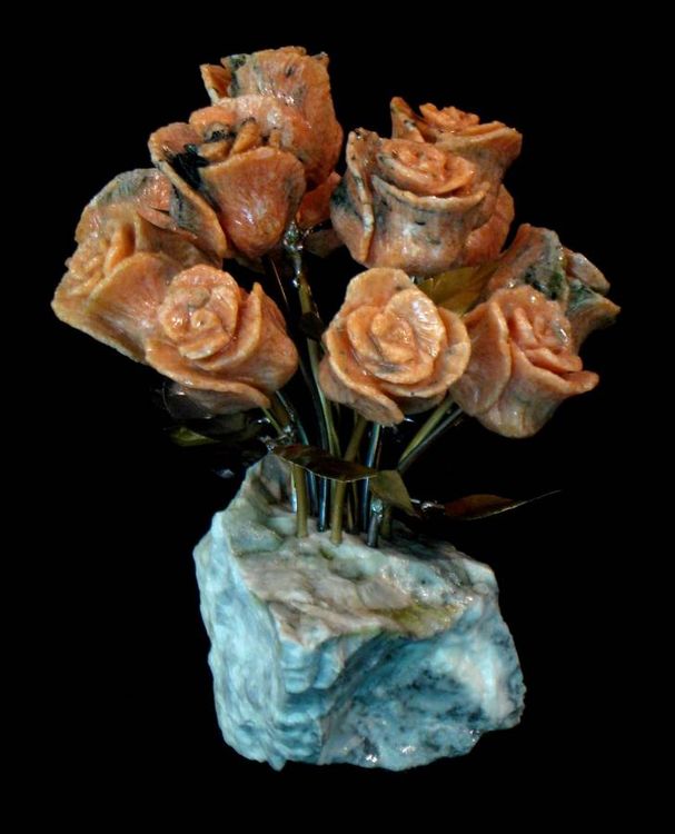 One Dozen Salmon Colored Marble Stone Roses by John Foster - search and link Sculpture with SculptSite.com