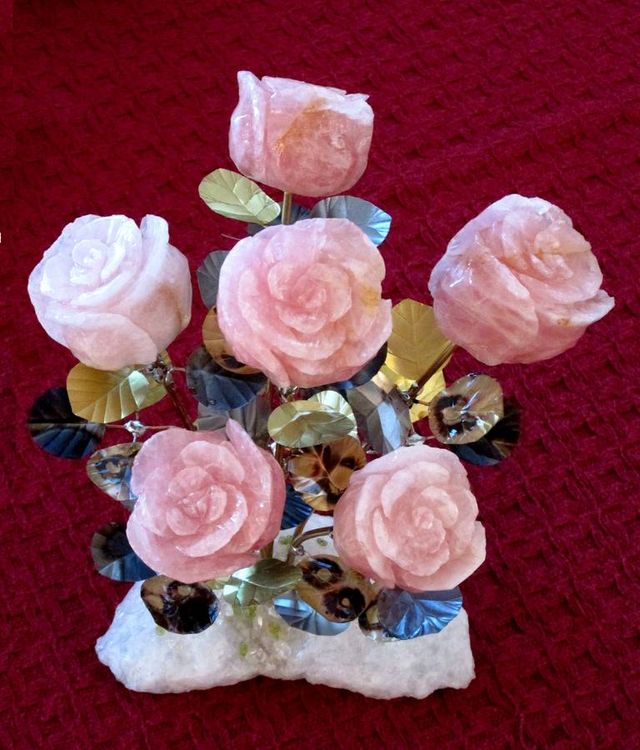 Half Dozen Rose Quartz Stone Roses by John Foster - search and link Sculpture with SculptSite.com