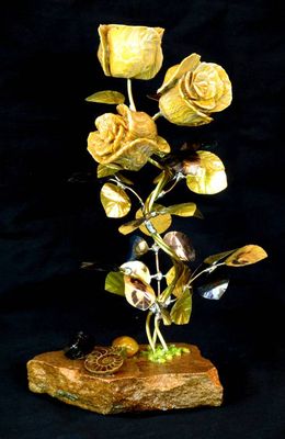 A Triple Butterscotch Onyx Stone Flower Sculpture by John Foster - search and link Sculpture with SculptSite.com