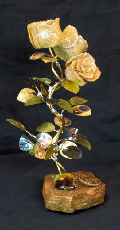 A Triple Butterscotch Onyx Stone Flower Sculpture by John Foster - search and link Sculpture with SculptSite.com