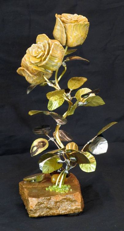 A Triple Butterscotch Onyx Stone Flower Sculpture by John Foster - search and link Sculpture with SculptSite.com